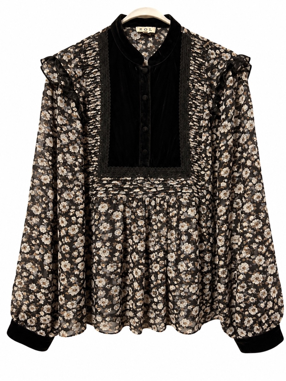POL Floral Velvet Bib Blouse Whimsigoth Prairie Boho Cottage Fairy Romantic M